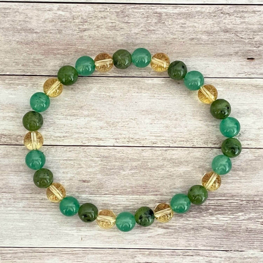Vue de dessus d’un bracelet en pierres naturelles Jade, Citrine et Aventurine 6 mm sur fil élastique