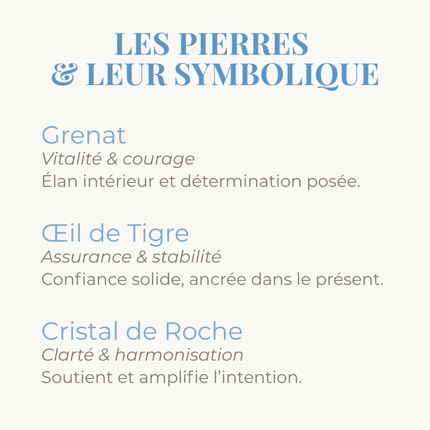 les pierres de grenat oeil de tigre et cristal de roche et leur symbolique