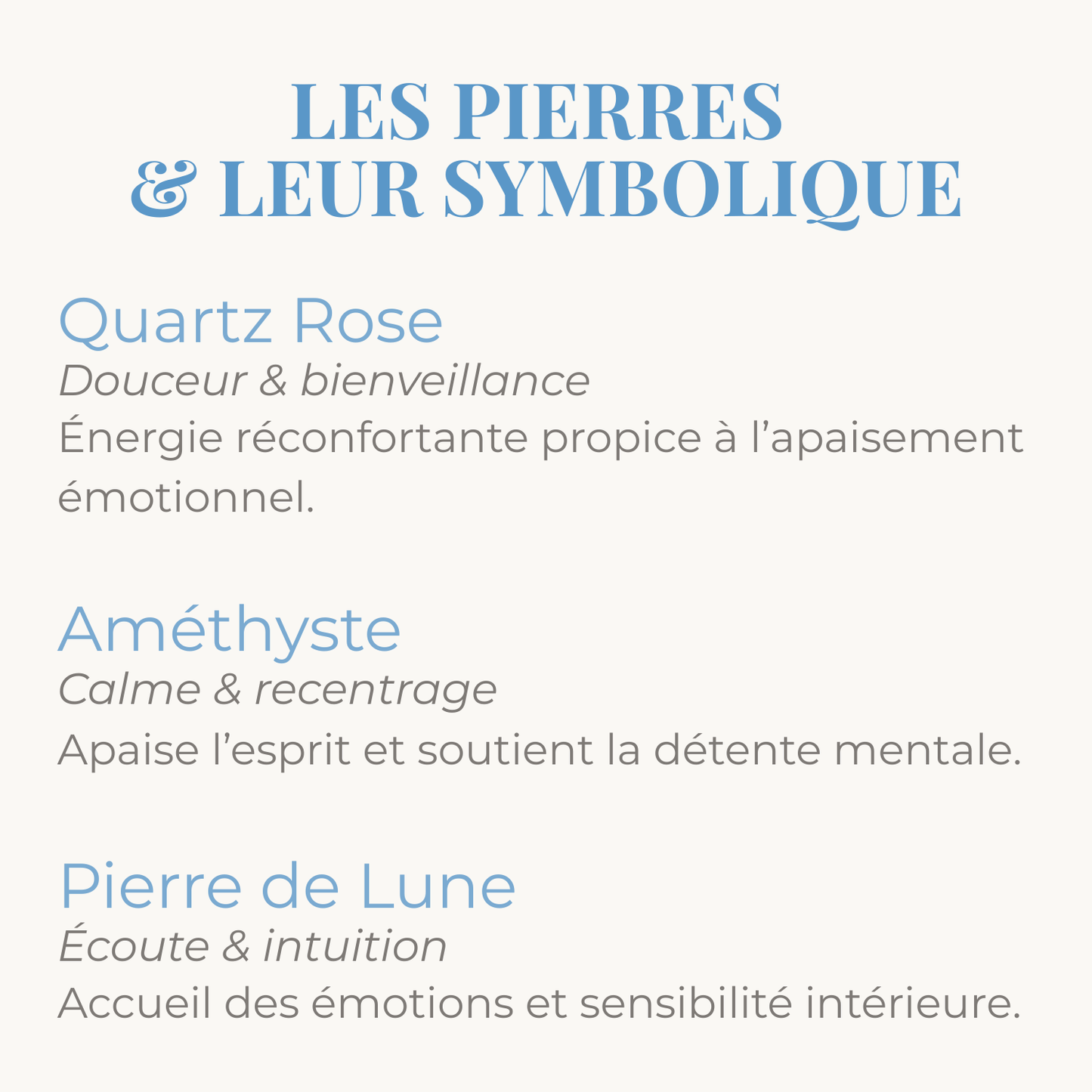 Quartz Rose, Améthyste et Pierre de Lune – pierres naturelles et leur symbolique pour le bracelet Soutien Émotionnel.