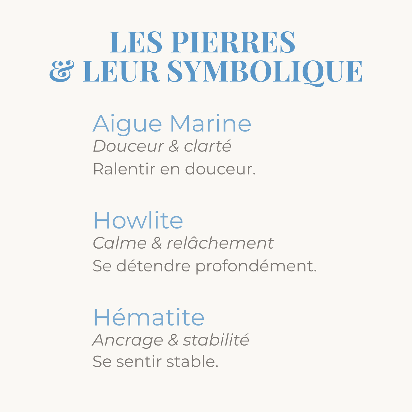 Symbolique des pierres d'aigue marine, howlite et hematite