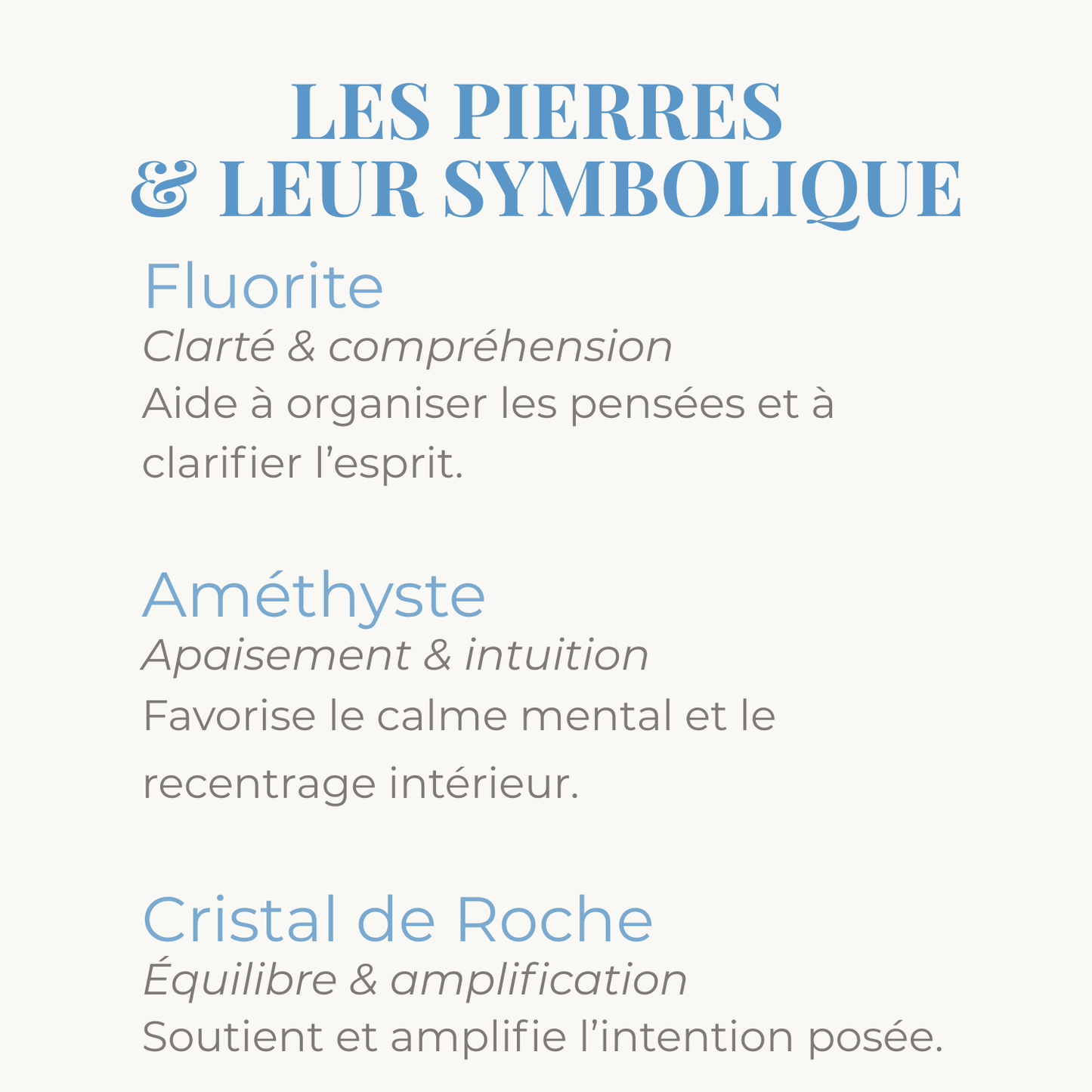 Les pierres de fluorite, amethyste, cristal de roche et leur symbolique.