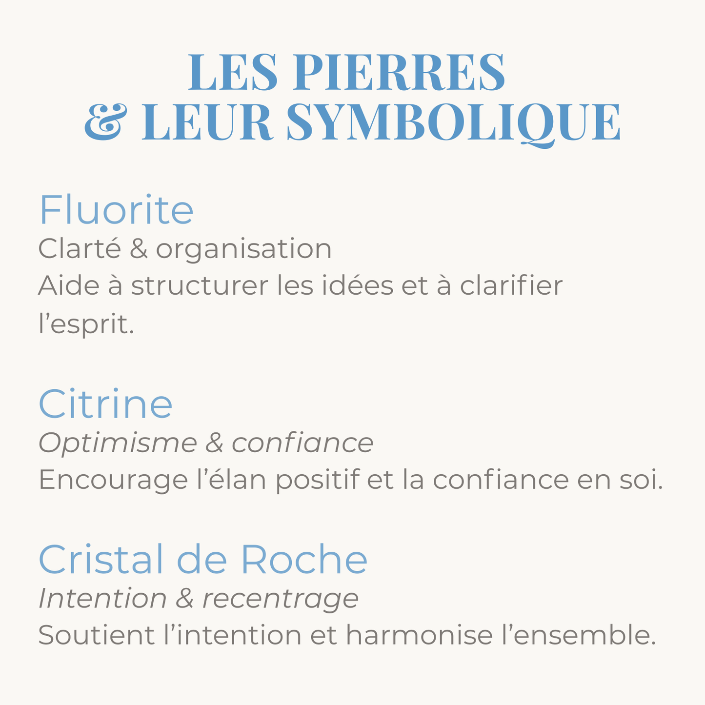Symbolique des pierres de fluorite, citrine et cristal de roche.