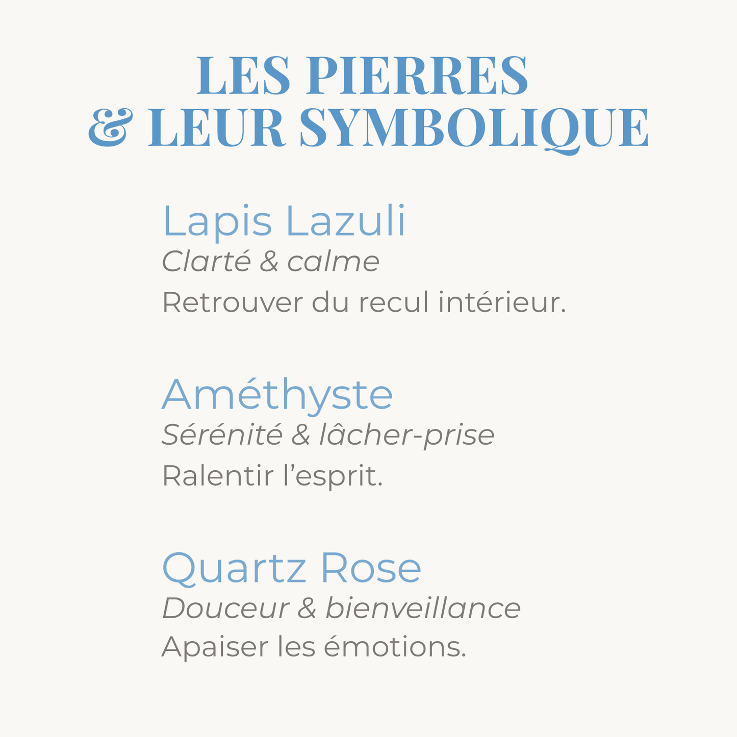 Symbolique des pierres de Lapis Lazuli, Améthyste et Quartz Rose.