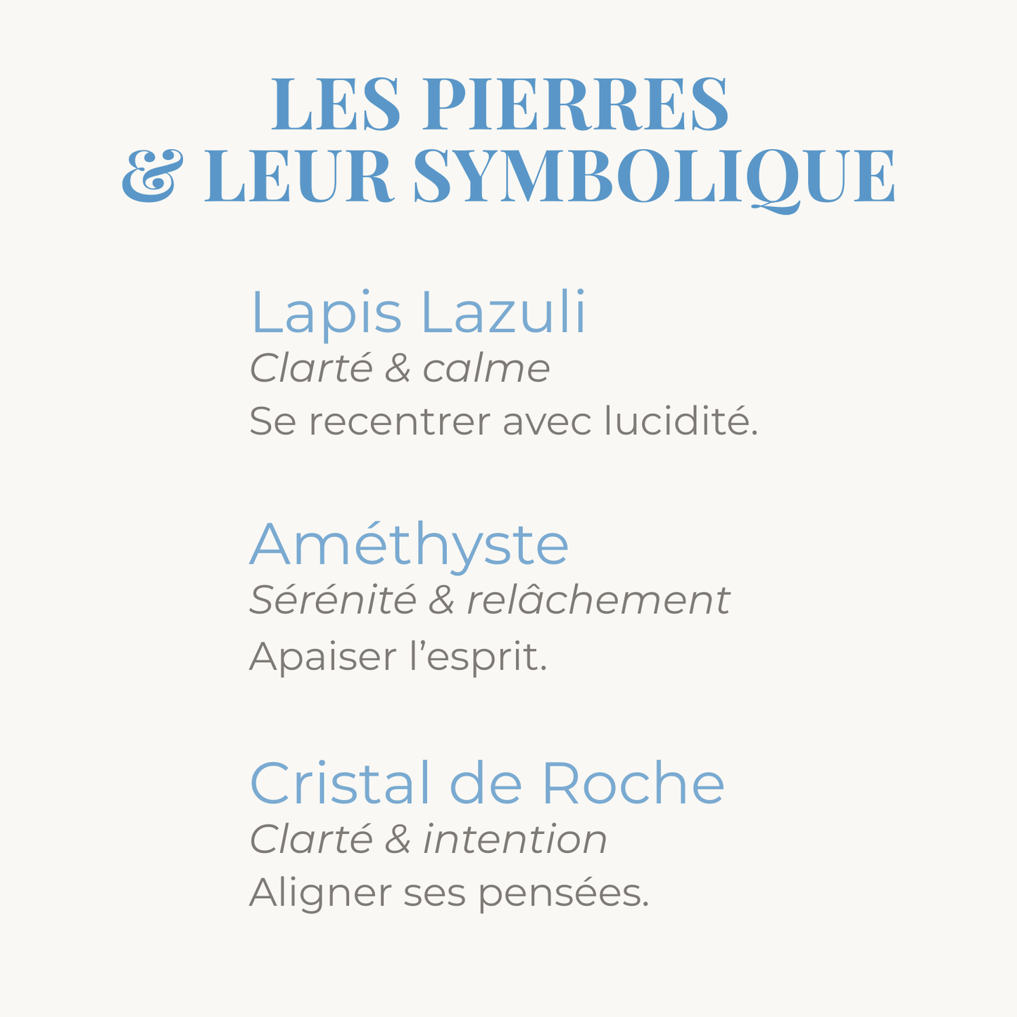 Symbolique des pierres de Lapis Lazuli, Améthyste et Cristal de Roche du bracelet.