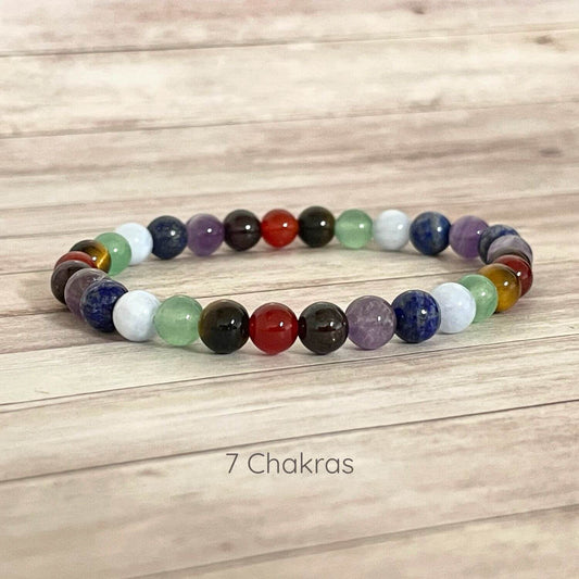 Bracelet 7 chakras en pierres naturelles 6 mm sur fil élastique, bijou bien-être