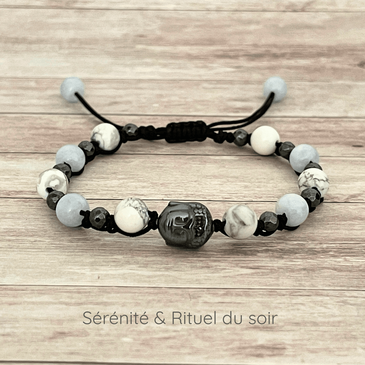 Bracelet en pierres naturelles Aigue Marine Howlite Hématite, idée cadeau bien-être sérénité et rituel du soir