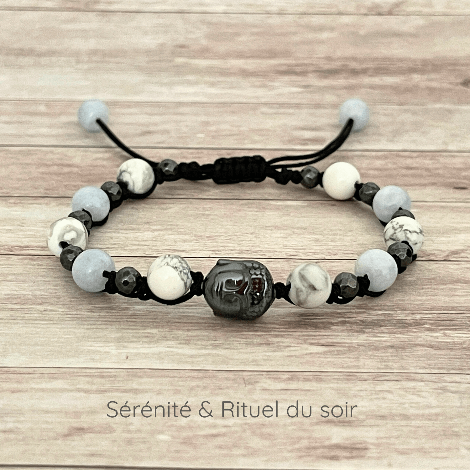 Bracelet en pierres naturelles Aigue Marine Howlite Hématite, idée cadeau bien-être sérénité et rituel du soir
