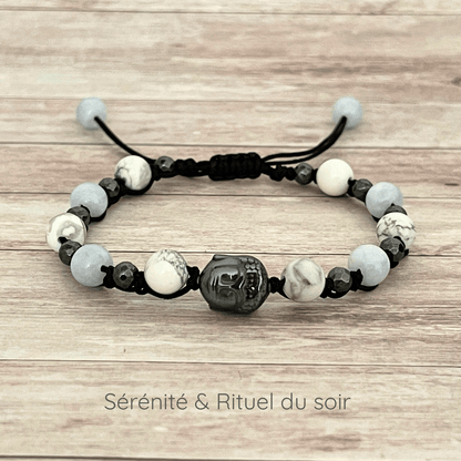 Bracelet en pierres naturelles Aigue Marine Howlite Hématite, idée cadeau bien-être sérénité et rituel du soir