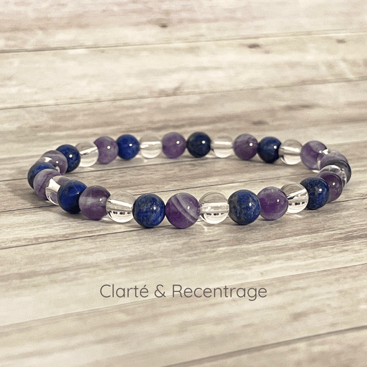 Bracelet Améthyste, Lapis Lazuli et Cristal de Roche en pierres naturelles, soutien bien-être pour clarté et recentrage