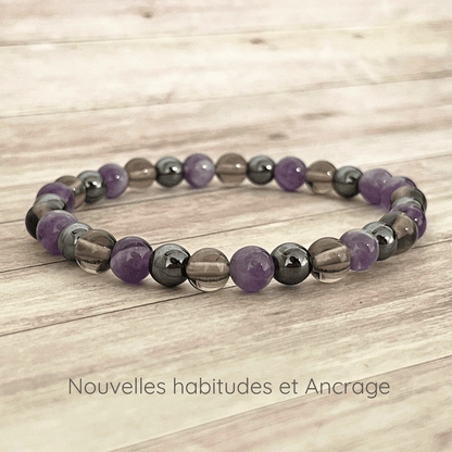 Bracelet Nouvelles habitudes et Ancrage sur fil élastique en pierres naturelles d'hématite, Améthyste et Quartz Fumé