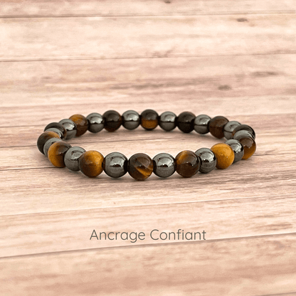 Bracelet en pierres naturelles oeil de tigre et hématite sur fil élastique, vue de présentation