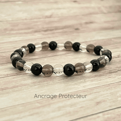 Bracelet en pierres naturelles tourmaline, quartz fumé et cristal de roche sur fil elastique, vue de présentation