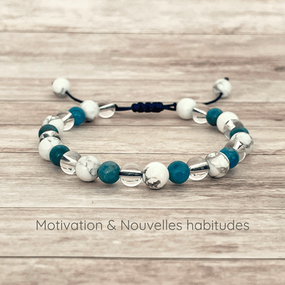Bracelet motivation et nouvelles habitudes en pierres naturelles Apatite, Howlite et Cristal de Roche 6 mm sur cordon ajustable