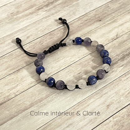 Bracelet calme intérieur et clarté en Lapis Lazuli, Améthyste et Quartz Rose 6 mm sur cordon ajustable