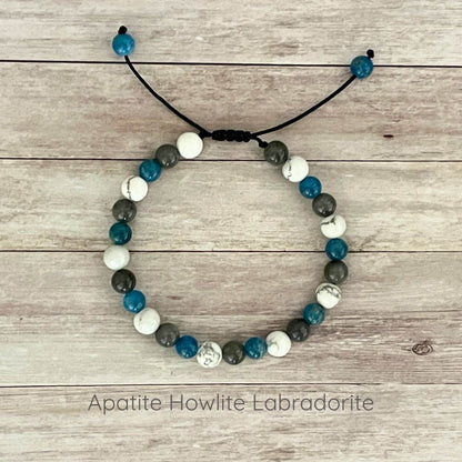 Bracelet Labradorite Apatite Howlite 6 mm sur cordon noir ajustable, bijoux en pierres naturelles