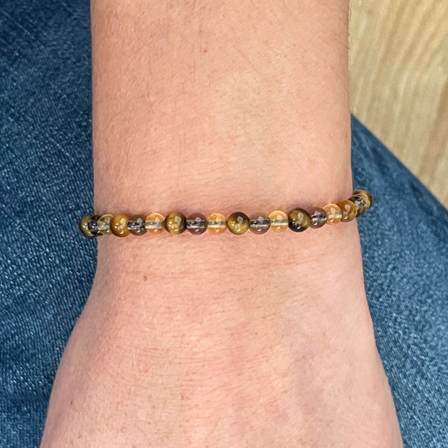 Bracelet porté au poignet, cordon ajustable et pierres naturelles Citrine Œil de Tigre Quartz Fumé