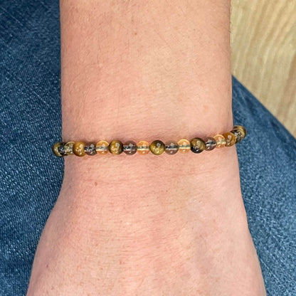 Bracelet porté au poignet, cordon ajustable et pierres naturelles Citrine Œil de Tigre Quartz Fumé