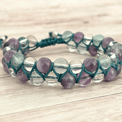Détail des perles du bracelet Clarté Intérieure en pierres naturelles de cristal de roche, amethyste et fluorite.