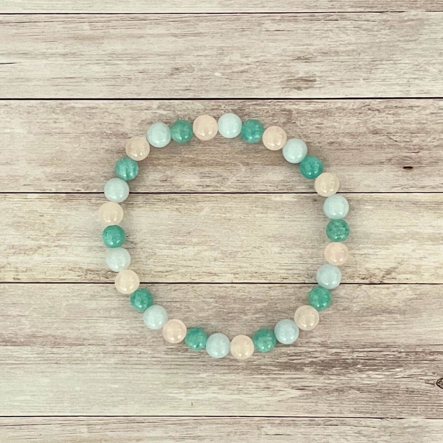 Bracelet en pierres naturelles Quartz Rose, Amazonite et Aigue Marine vue de dessus