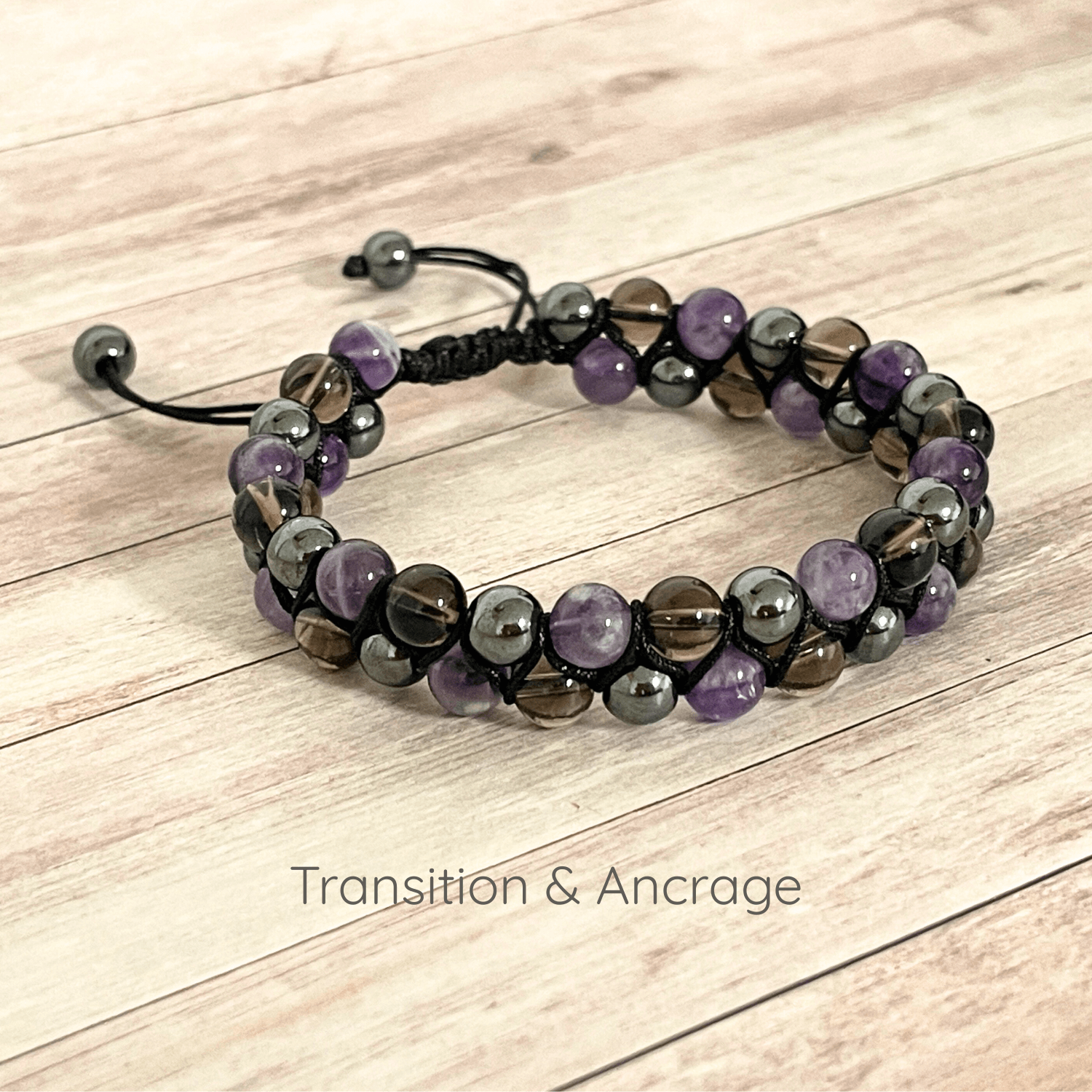 Bracelet ancrage et transition en Améthyste, Hématite et Quartz Fumé 6 mm sur cordon ajustable, pierres naturelles