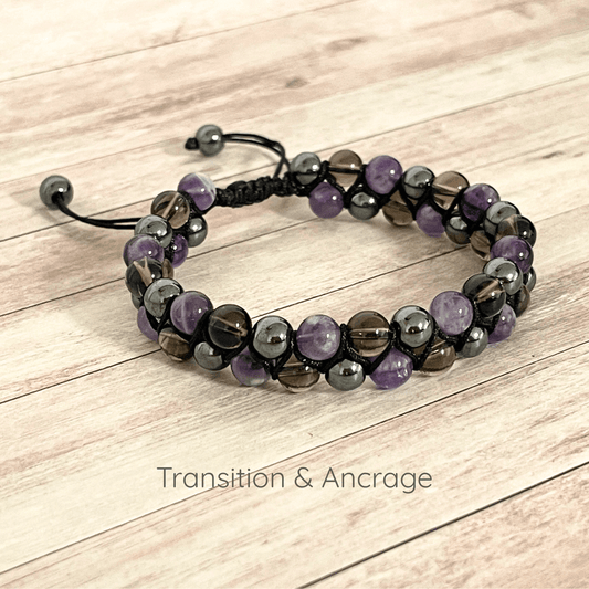 Bracelet transition et ancrage en Améthyste, Hématite et Quartz Fumé 6 mm sur cordon ajustable, pierres naturelles