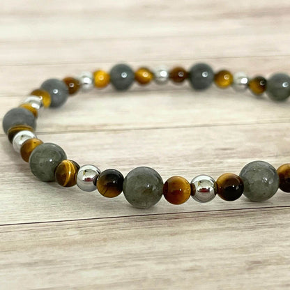 Gros plan sur les perles Labradorite, Oeil de Tigre et Hématite, bracelet d’ancrage et protection énergétique