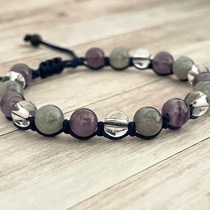 Gros plan sur les perles de labradorite, améthyste et cristal de roche du bracelet
