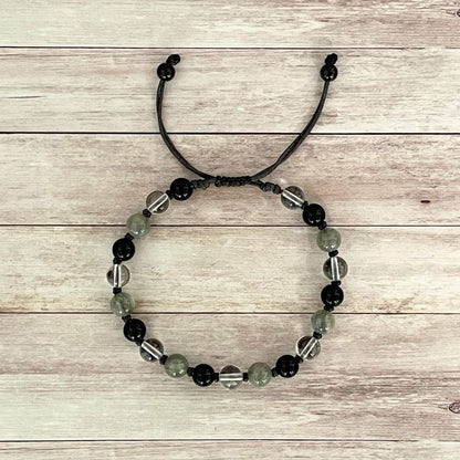 Bracelet en pierres naturelles Labradorite, Onyx et Cristal de Roche vue de dessus