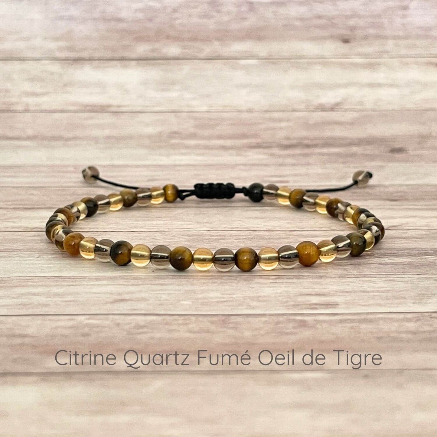 Bracelet en Citrine, Oeil de Tigre et Quartz Fumé 4 mm sur cordon ajustable