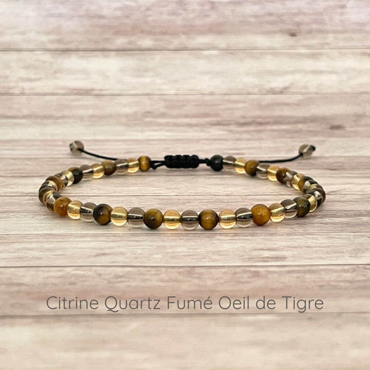 Bracelet en Citrine, Oeil de Tigre et Quartz Fumé 4 mm sur cordon ajustable