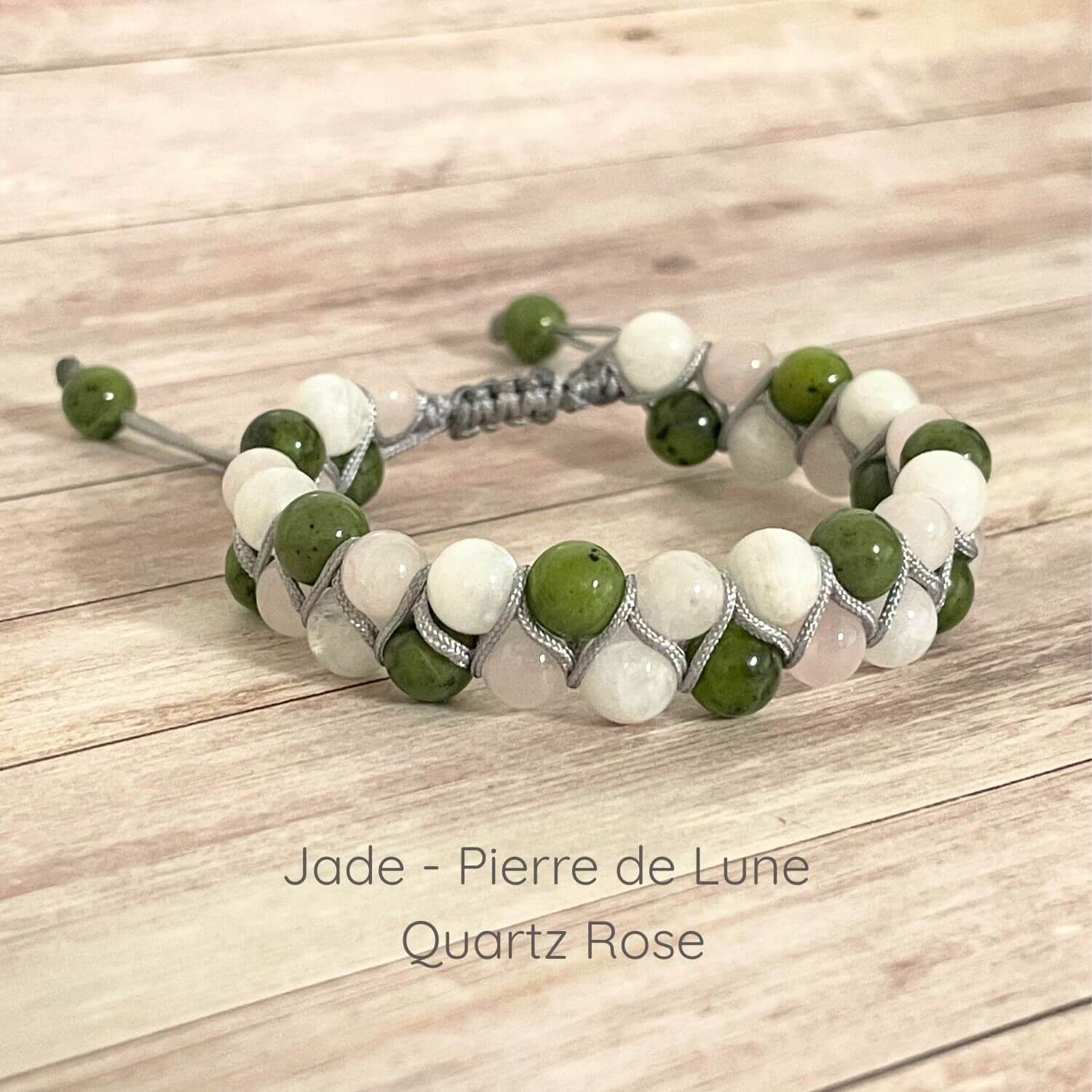 Bracelet Jade, Pierre de Lune et Quartz Rose 6 mm sur cordon ajustable, pierres naturelles disposées sur deux rangées