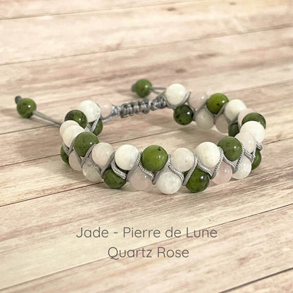 Bracelet Jade, Pierre de Lune et Quartz Rose 6 mm sur cordon ajustable, pierres naturelles disposées sur deux rangées