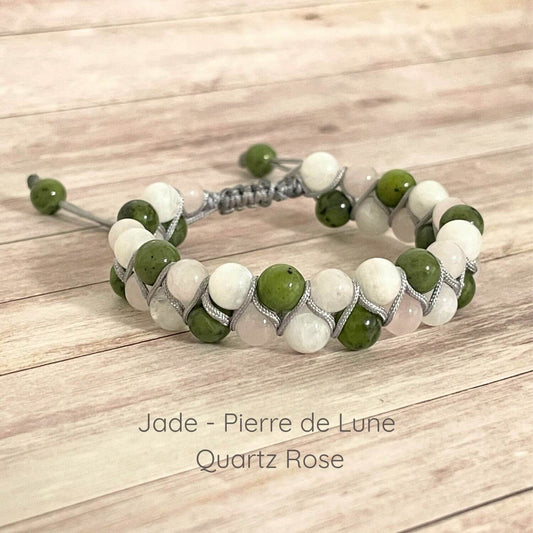 Bracelet Jade, Pierre de Lune et Quartz Rose 6 mm sur cordon ajustable, pierres naturelles disposées sur deux rangées