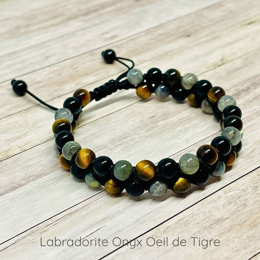 Bracelet protection Oeil de Tigre Labradorite Onyx 6 mm, deux rangées de pierres sur cordon ajustable