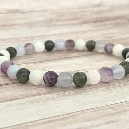 Gros plan sur les perles Pierre de Lune, Améthyste, Labradorite et Calcédoine, bracelet lithothérapie  transition et bien être féminin