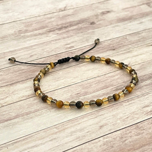 Vue de dessus du bracelet Citrine Œil de Tigre Quartz Fumé, bijou en pierres naturelles énergie positive