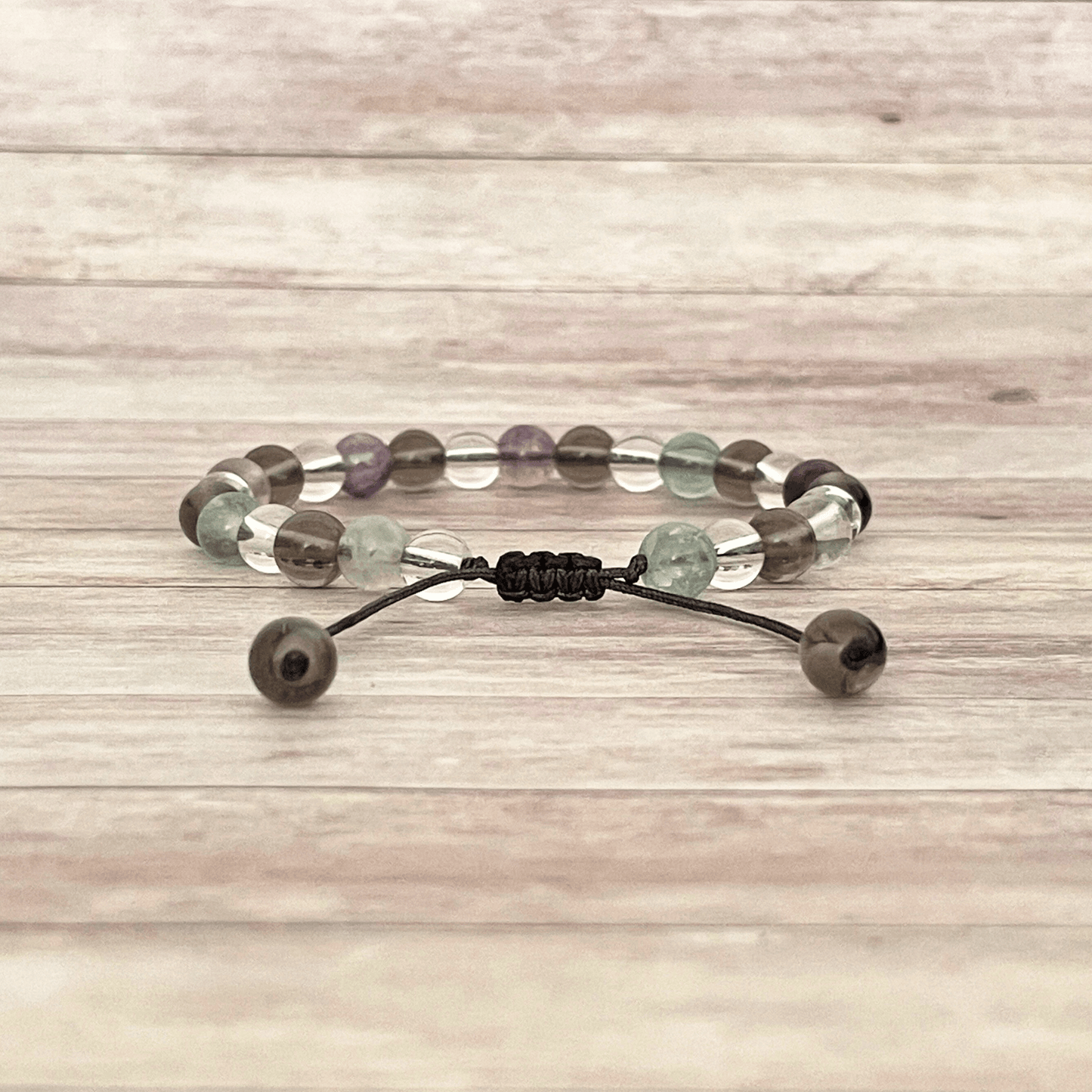 Fermeture ajustable du bracelet en fluorite, quartz fumé et cristal de roche