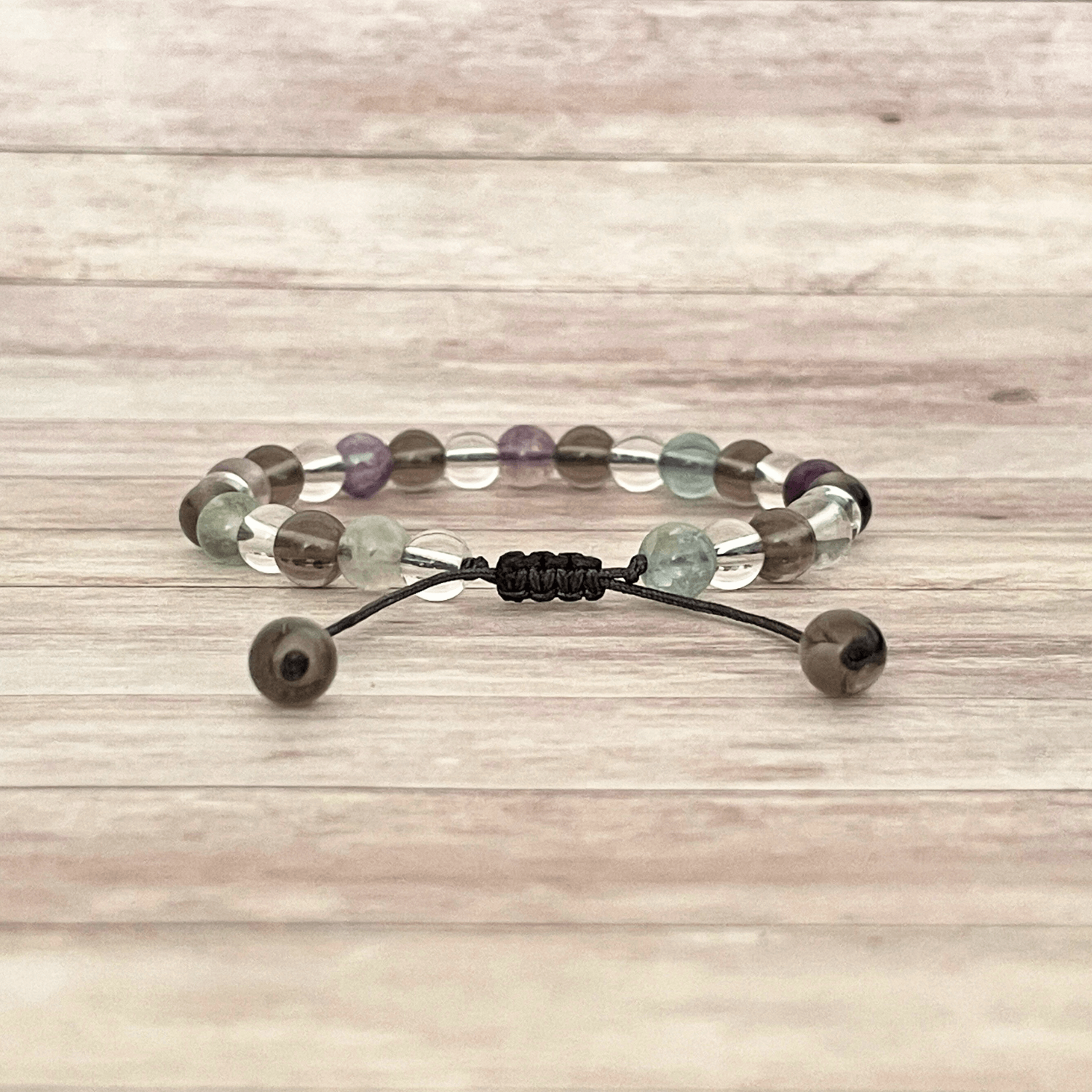 Fermeture ajustable du bracelet en fluorite, quartz fumé et cristal de roche