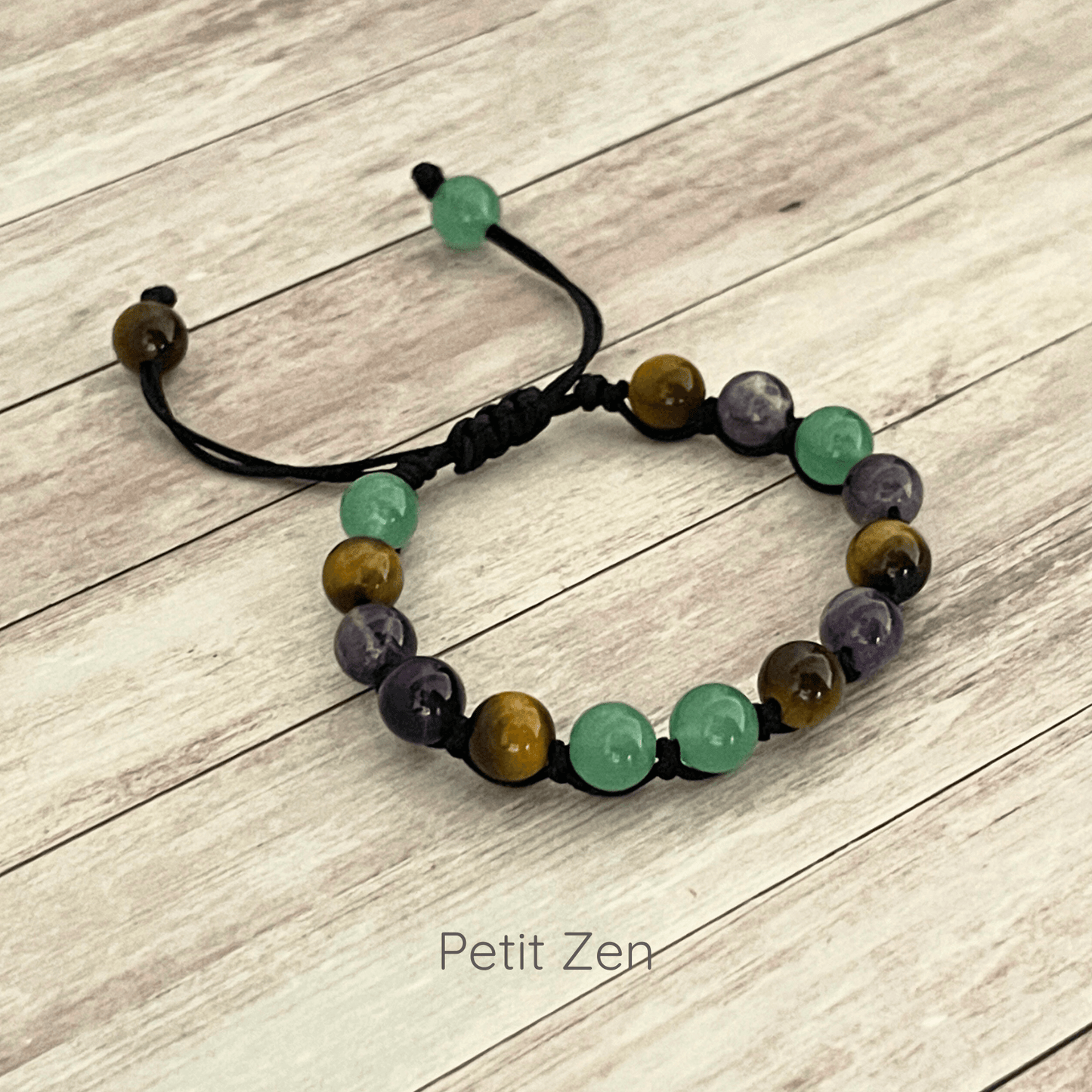 Bracelet enfant en Oeil de Tigre, Aventurine et Améthyste 6 mm sur cordon ajustable couleur au choix