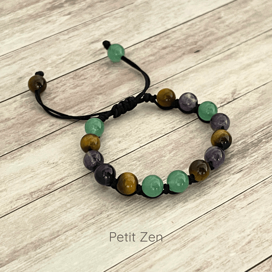 Bracelet enfant en Oeil de Tigre, Aventurine et Améthyste 6 mm sur cordon ajustable couleur au choix