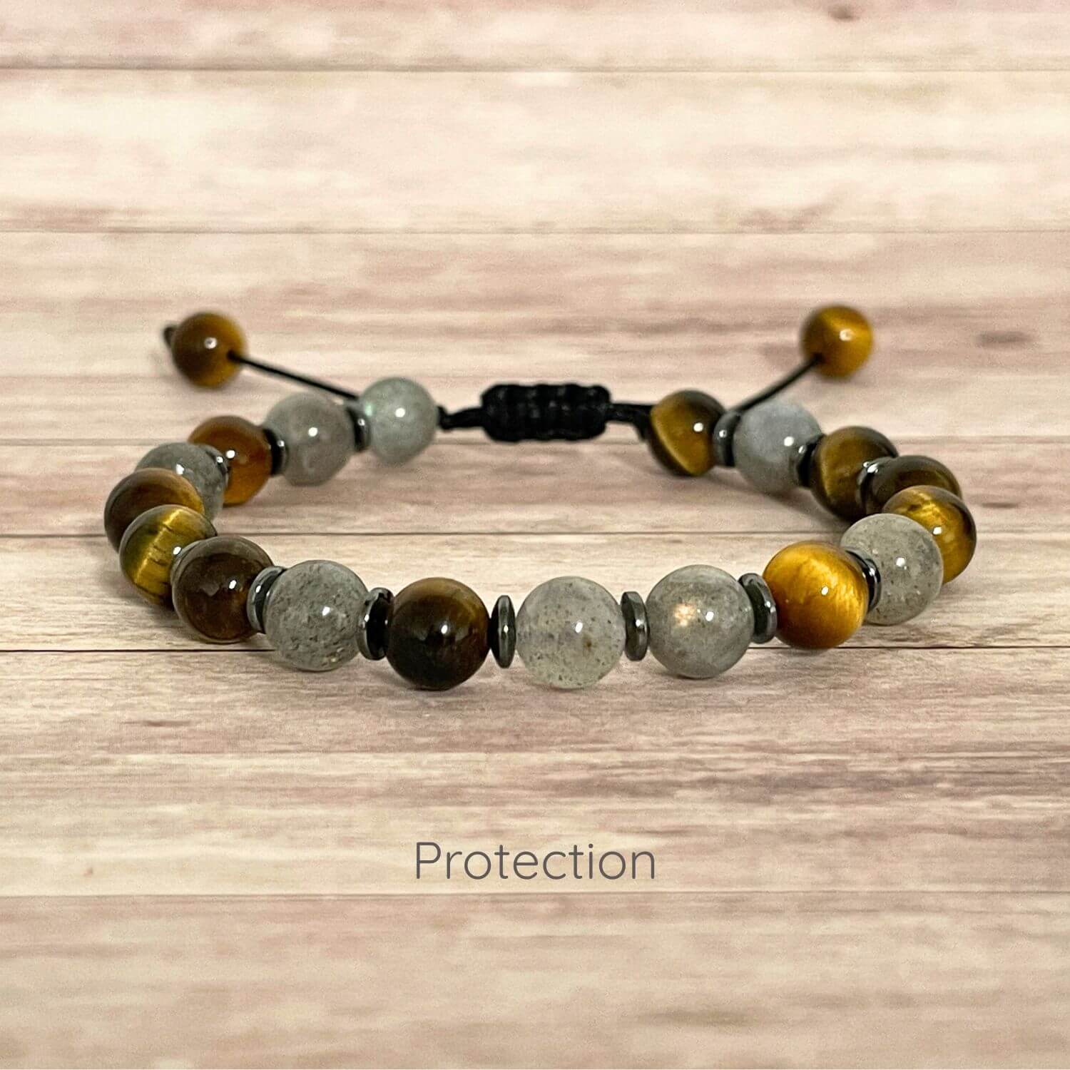 Bracelet de protection Oeil de Tigre et Labradorite 6 mm sur cordon ajustable, pierres naturelles