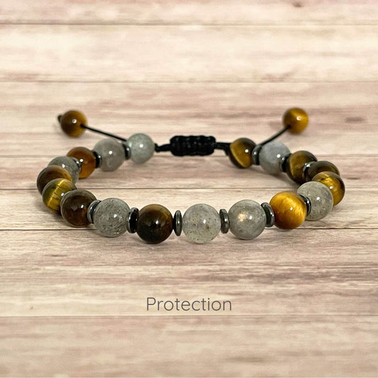 Bracelet de protection Oeil de Tigre et Labradorite 6 mm sur cordon ajustable, pierres naturelles
