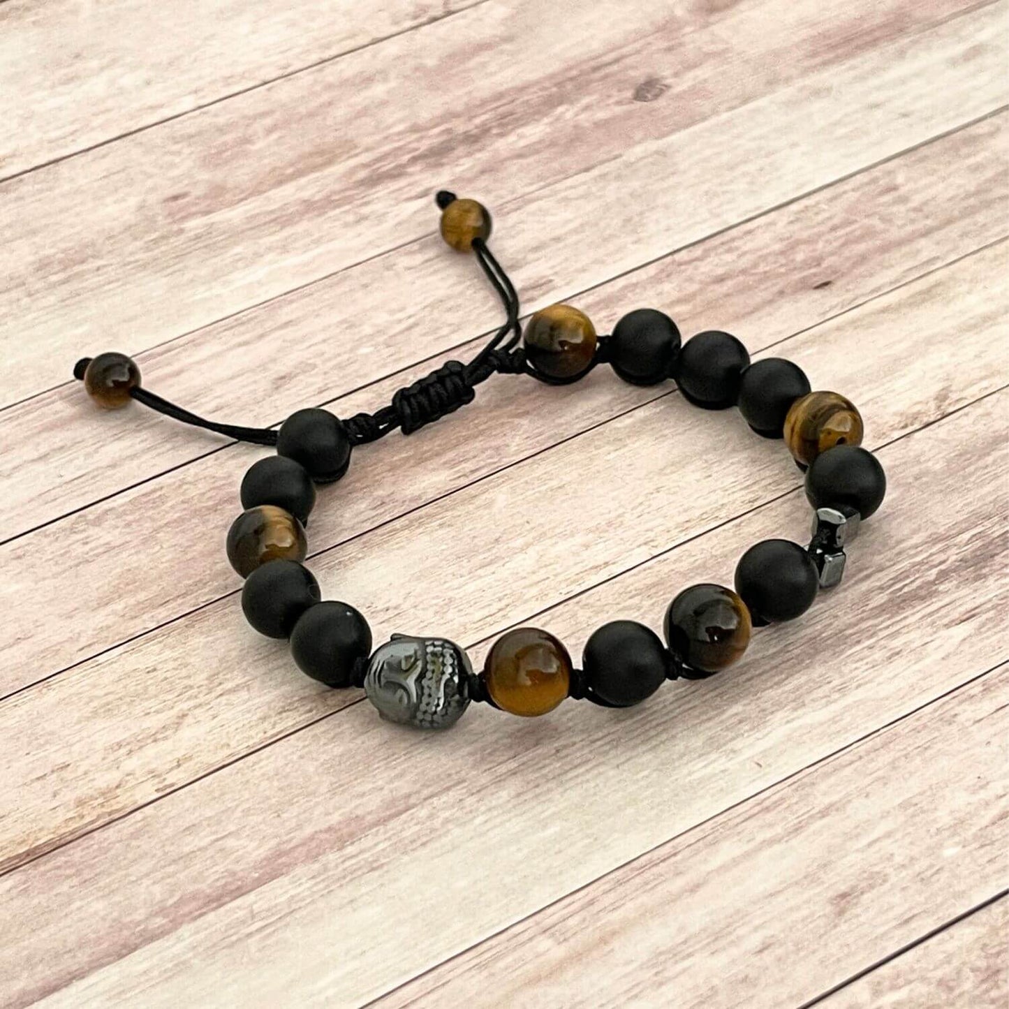 Bracelet Onyx et Œil de Tigre 8 mm – bijou fait main, style ancrage et confiance