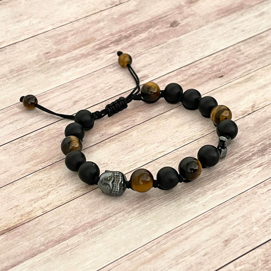 Bracelet Onyx et Œil de Tigre 8 mm – bijou fait main, style ancrage et confiance
