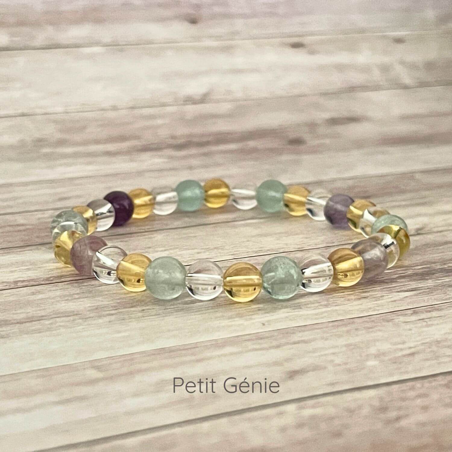 Bracelet enfant en pierres naturelles Fluorite, Citrine, Cristal de Roche 6 mm – fil élastique, bijou d’intention