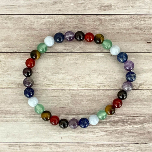 Vue de dessus du bracelet 7 chakras avec perles en pierres naturelles multicolores 6 mm