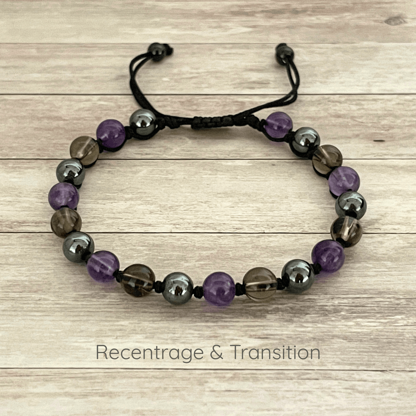 Bracelet Ancrage et Nouvelles habitudes en Améthyste, Hématite et Quartz Fumé 6 mm sur cordon ajustable