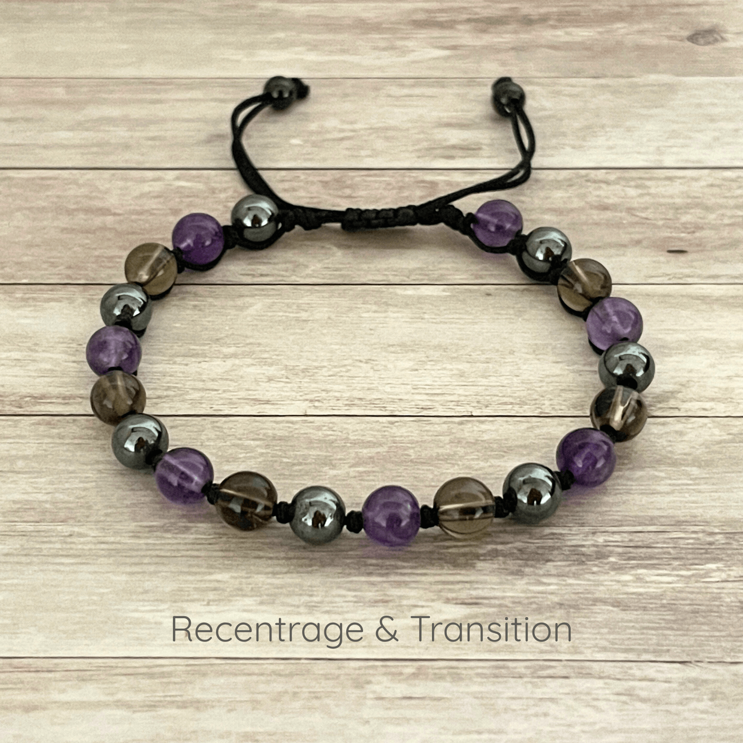 Bracelet Ancrage et Nouvelles habitudes en Améthyste, Hématite et Quartz Fumé 6 mm sur cordon ajustable