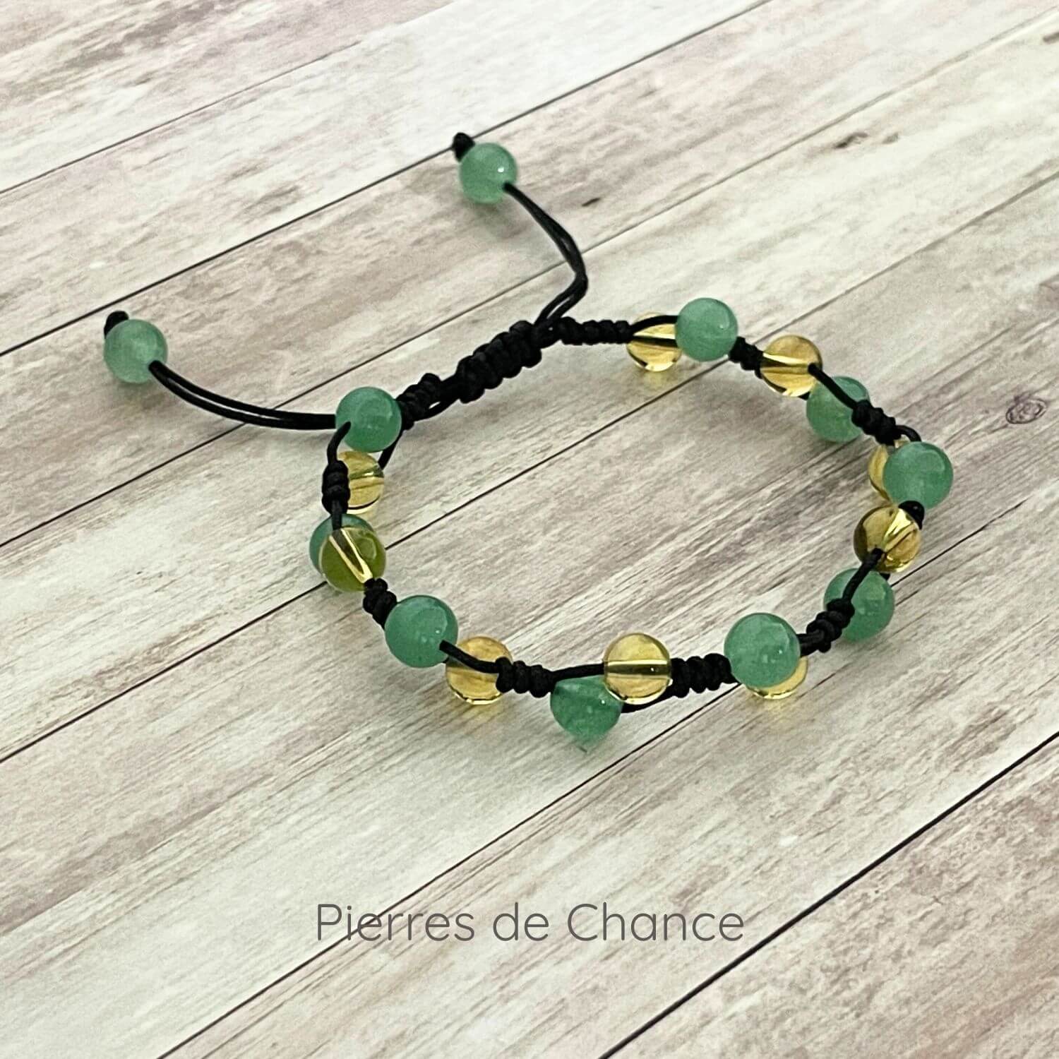Bracelet pierres de chance en Citrine et Aventurine 6 mm sur cordon ajustable couleur au choix