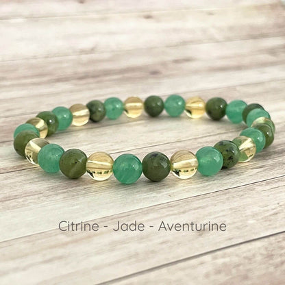 Bracelet en pierres naturelles Jade, Citrine et Aventurine 6 mm sur fil élastique, fait main en France